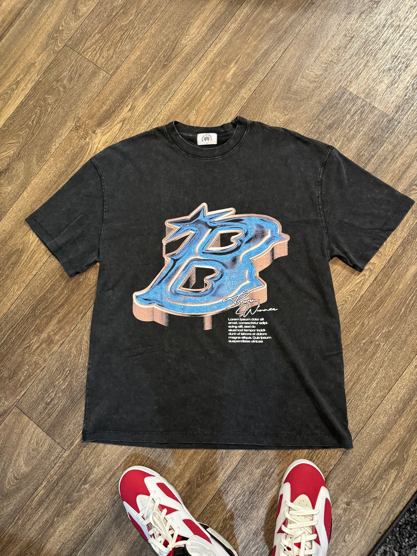 Black Acid Wash T Shirt, "B" Royal Blue Logo